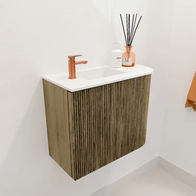Mondiaz Joya 50cm toiletmeubel ronding rechts dusk met wastafel faye links 1 kraangat talc Aanbieding