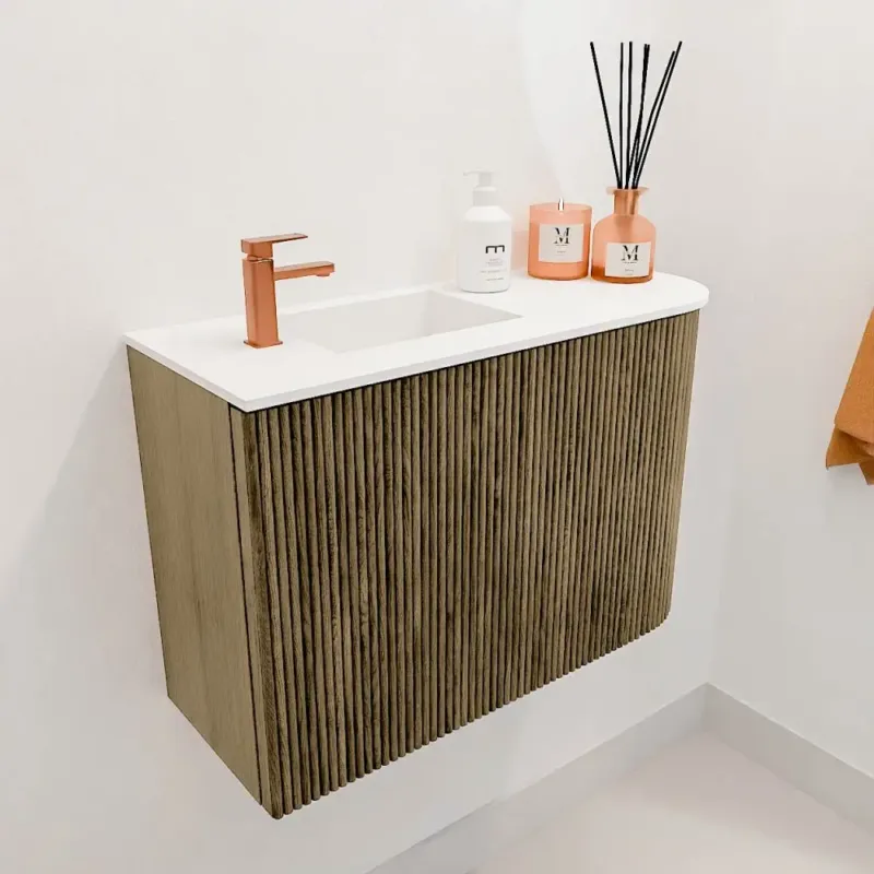 Mondiaz Joya 60cm toiletmeubel ronding rechts dusk met wastafel faye links 1 kraangat talc Op = Op