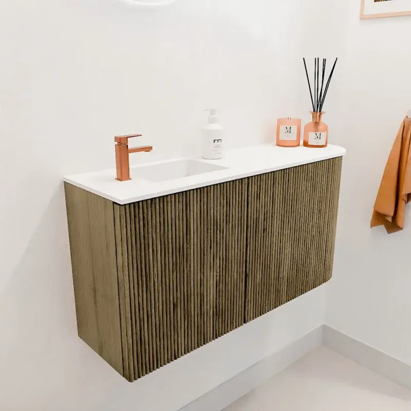 Express Levering Mondiaz Joya 80cm toiletmeubel ronding rechts dusk met wastafel faye links 1 kraangat talc