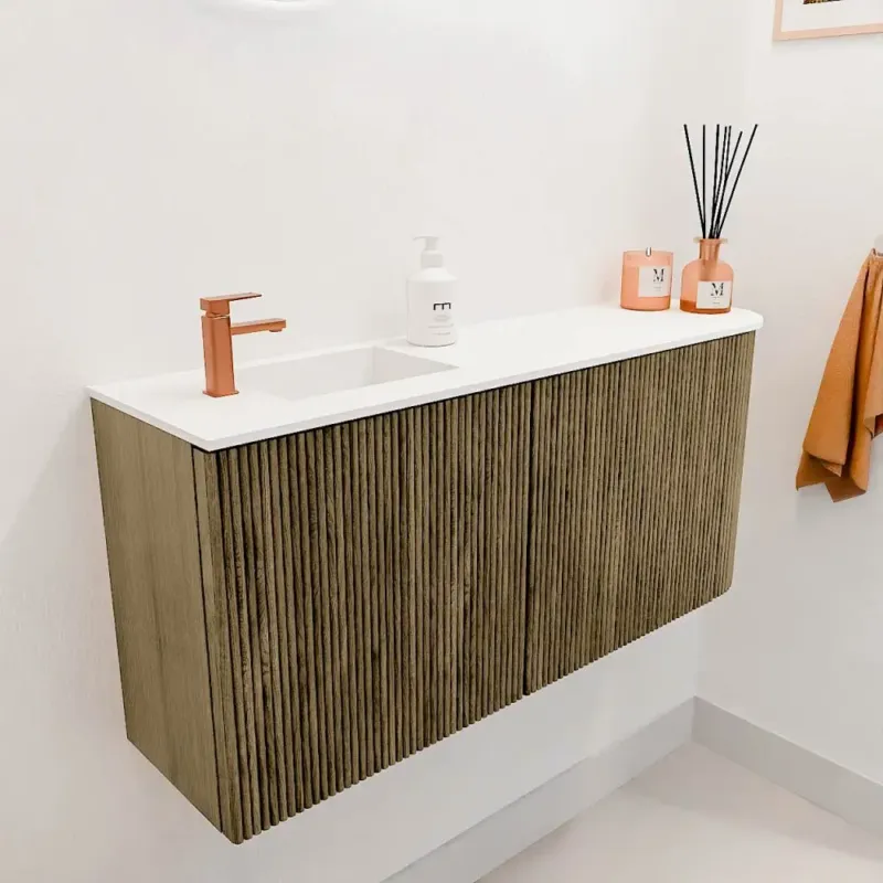 Alleen Vandaag Mondiaz Joya 90cm toiletmeubel ronding rechts dusk met wastafel faye links 1 kraangat talc