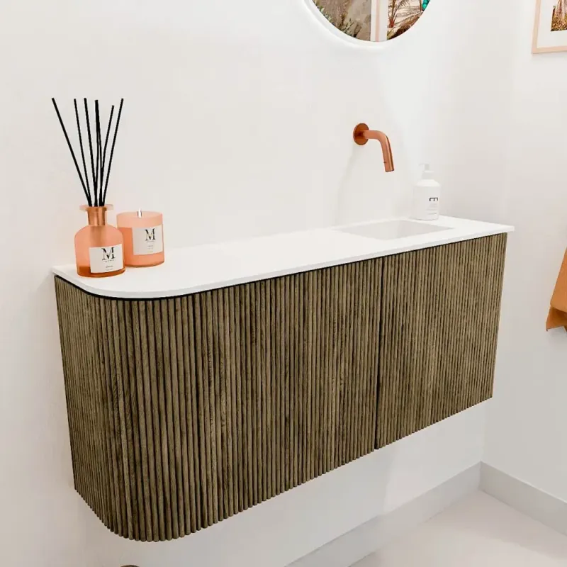 Mondiaz Joya 90cm toiletmeubel ronding links dusk met wastafel faye rechts zonder kraangat talc Direct Beschikbaar