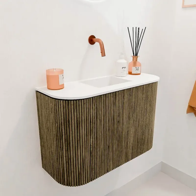 Mondiaz Joya 65cm toiletmeubel ronding links/rechts dusk met wastafel faye midden zonder kraangat talc Laatste Kans
