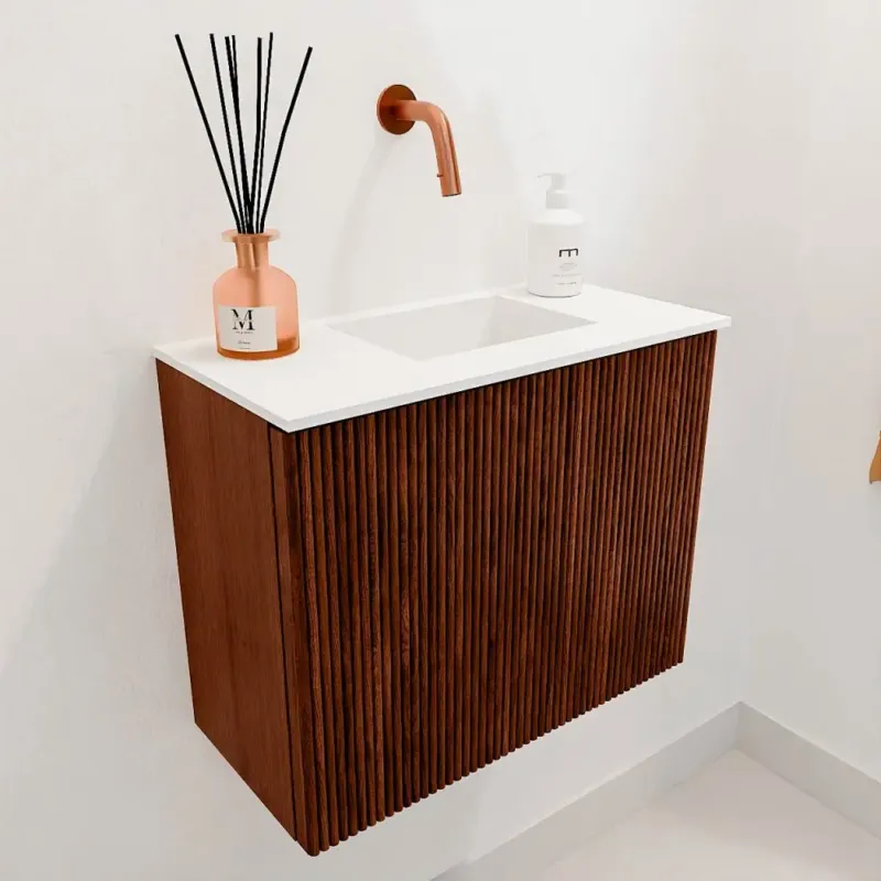 Weekendaanbieding Mondiaz Joya 50cm toiletmeubel ruby met wastafel faye rechts zonder kraangat talc