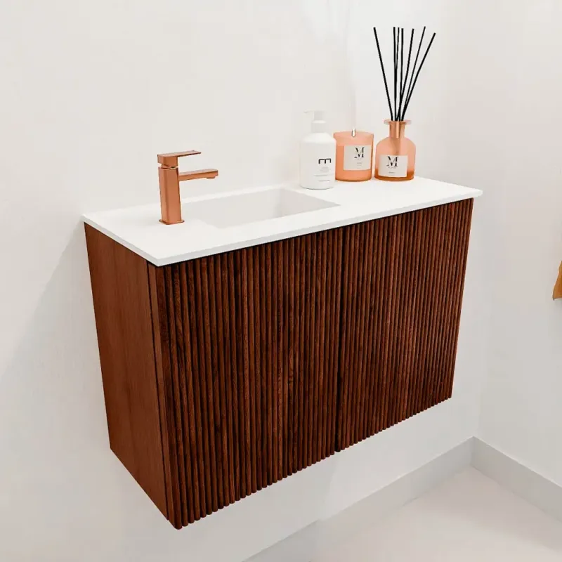 Merkproduct Mondiaz Joya 60cm toiletmeubel ruby met wastafel faye links 1 kraangat talc