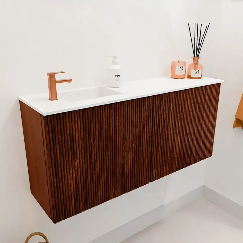 Koopje Mondiaz Joya 90cm toiletmeubel ruby met wastafel faye links 1 kraangat talc