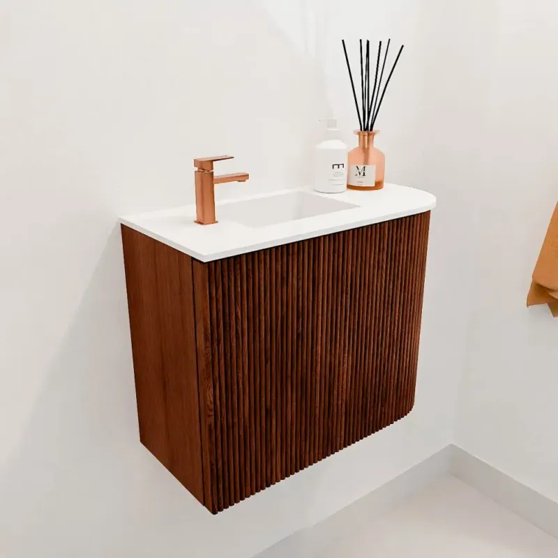 Gereduceerde Prijs Mondiaz Joya 50cm toiletmeubel ronding rechts ruby met wastafel faye links 1 kraangat talc