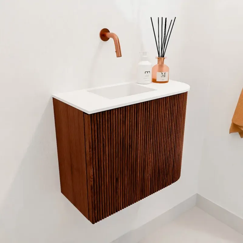 Mondiaz Joya 50cm toiletmeubel ronding rechts ruby met wastafel faye links zonder kraangat talc Beperkte Voorraad