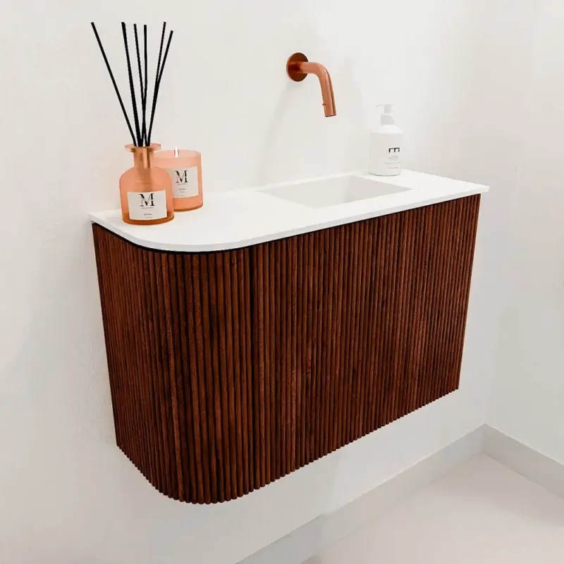 Mondiaz Joya 60cm toiletmeubel ronding links ruby met wastafel faye rechts zonder kraangat talc Dagaanbieding