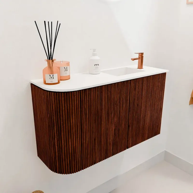 Fabrieksprijs Mondiaz Joya 70cm toiletmeubel ronding links ruby met wastafel faye rechts 1 kraangat talc