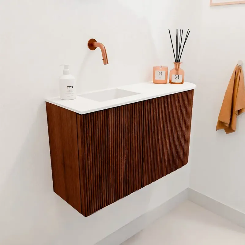Koop Vandaag Mondiaz Joya 70cm toiletmeubel ronding rechts ruby met wastafel faye links zonder kraangat talc