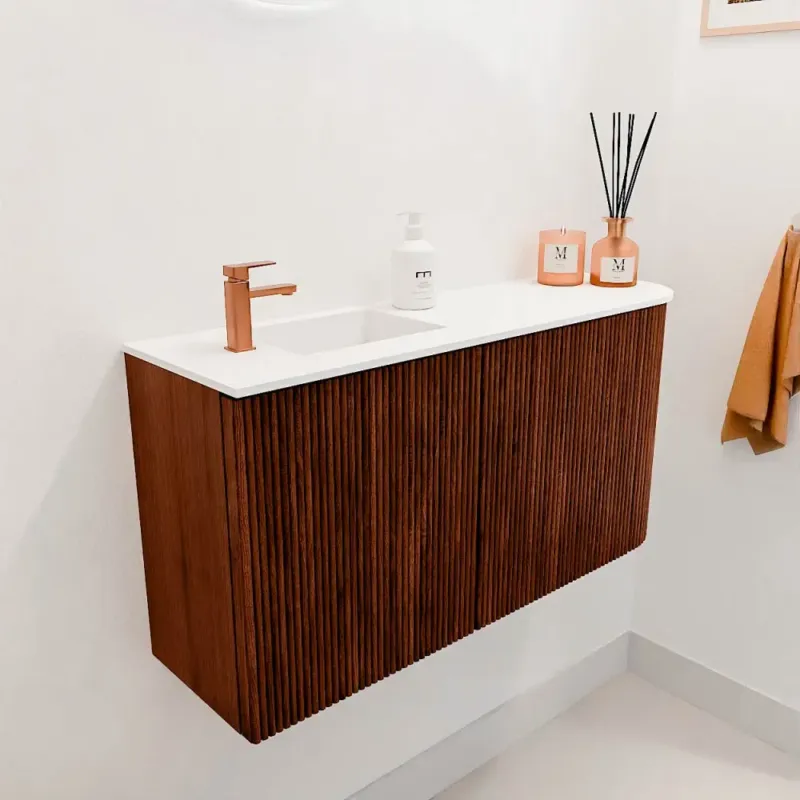 Mondiaz Joya 80cm toiletmeubel ronding rechts ruby met wastafel faye links 1 kraangat talc Gecertificeerd