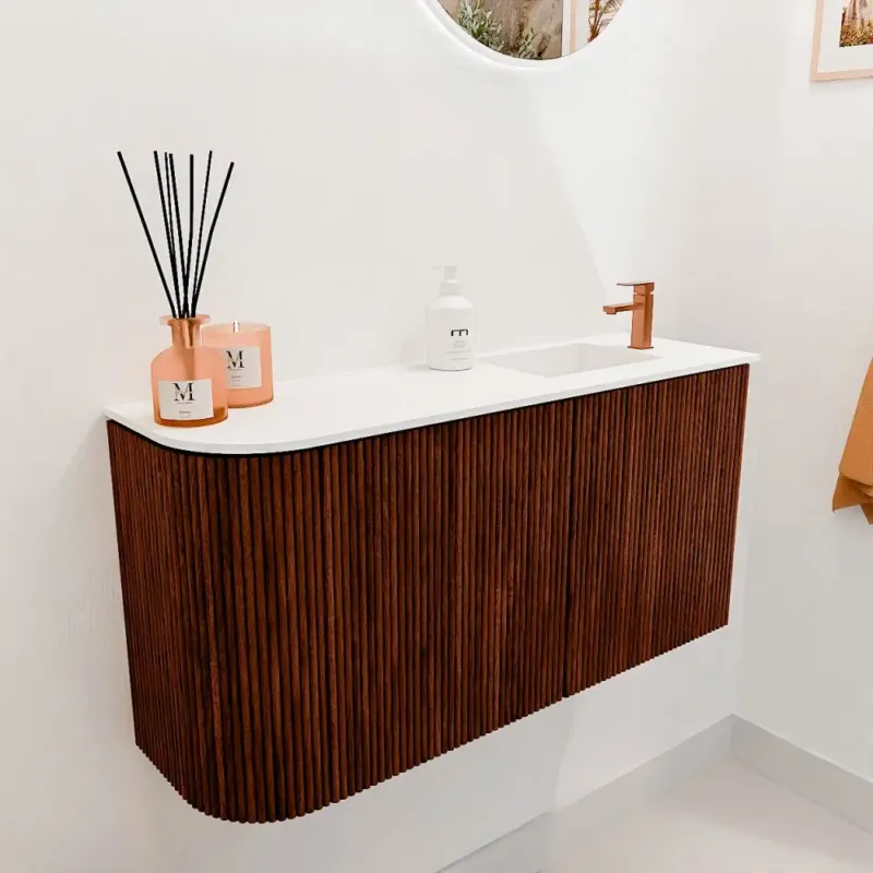 Mondiaz Joya 80cm toiletmeubel ronding links ruby met wastafel faye rechts 1 kraangat talc Voordeelprijs