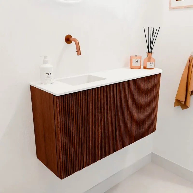 Mondiaz Joya 80cm toiletmeubel ronding rechts ruby met wastafel faye links zonder kraangat talc Beperkte Voorraad