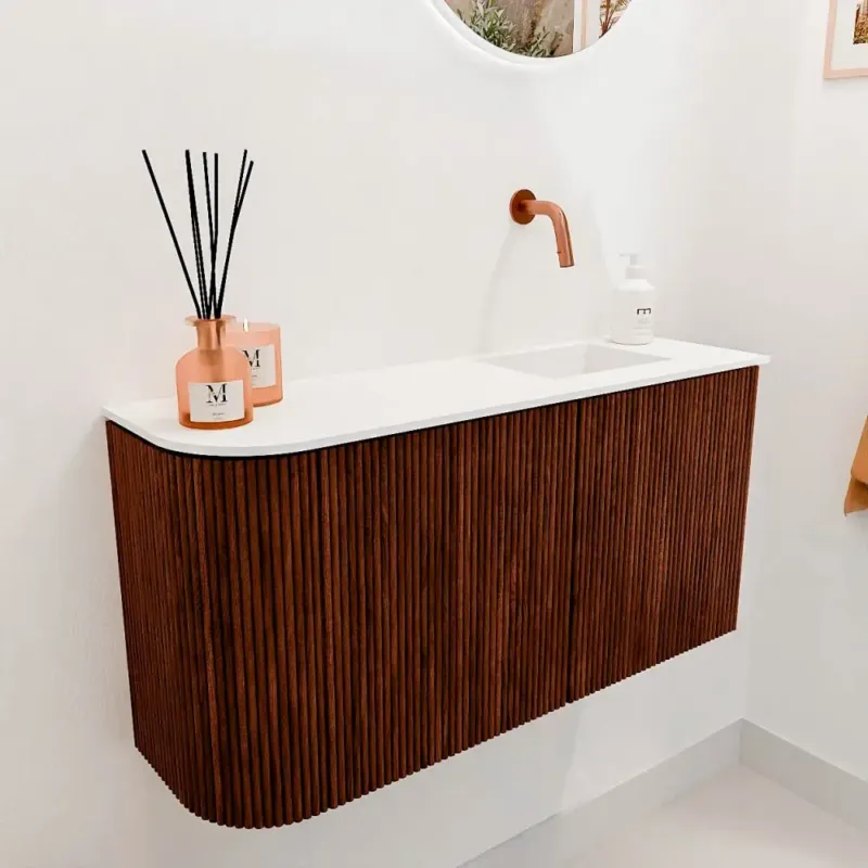 Mondiaz Joya 80cm toiletmeubel ronding links ruby met wastafel faye rechts zonder kraangat talc Nu Kopen