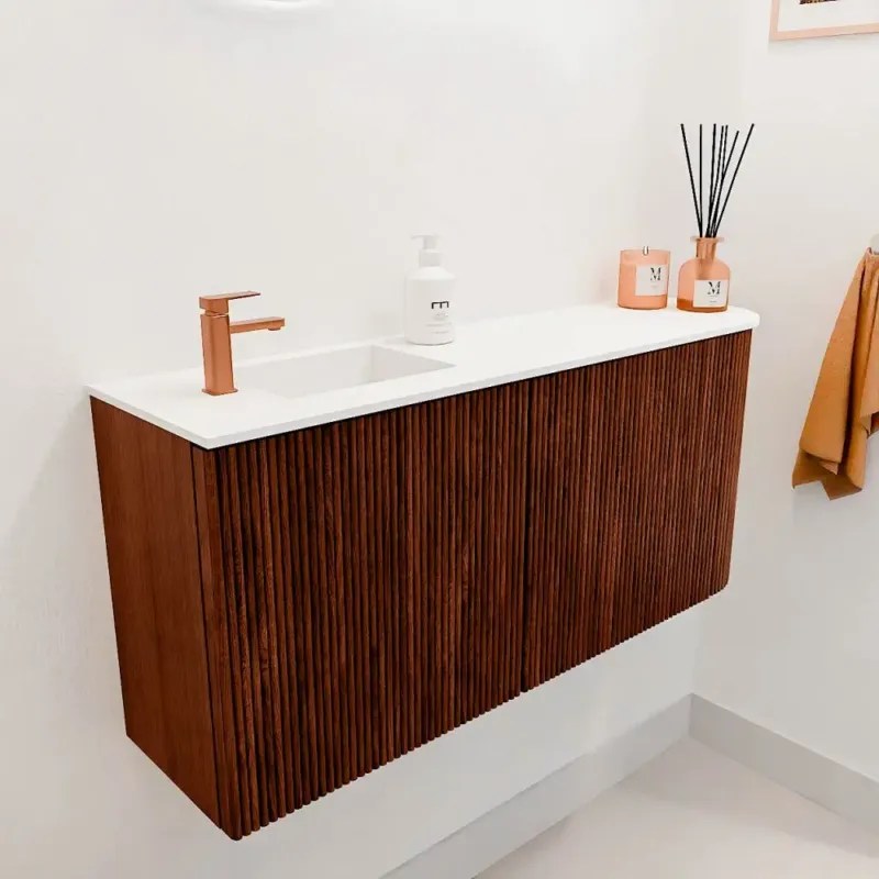 Mondiaz Joya 90cm toiletmeubel ronding rechts ruby met wastafel faye links 1 kraangat talc Premium