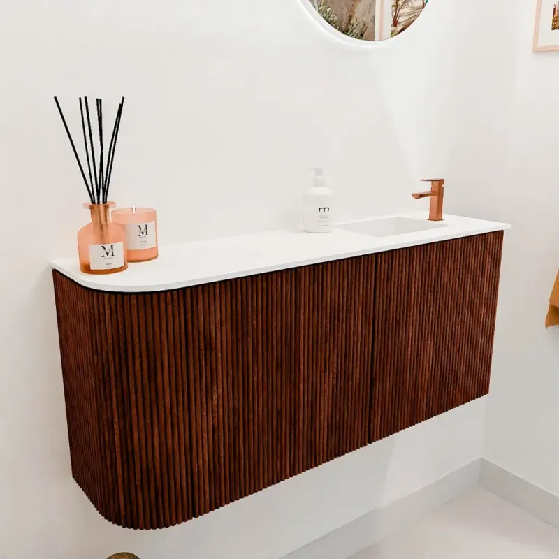 Mondiaz Joya 90cm toiletmeubel ronding links ruby met wastafel faye rechts 1 kraangat talc Dagaanbieding