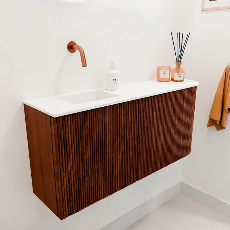 Mondiaz Joya 90cm toiletmeubel ronding rechts ruby met wastafel faye links zonder kraangat talc Uitverkoop