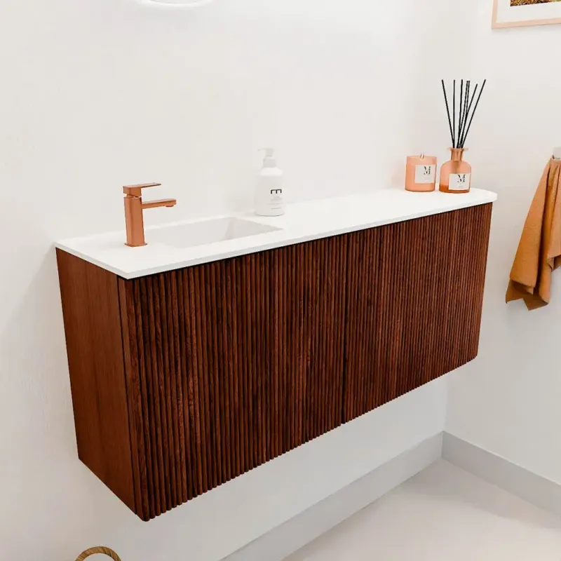 Actieprijs Mondiaz Joya 100cm toiletmeubel ronding rechts ruby met wastafel faye links 1 kraangat talc
