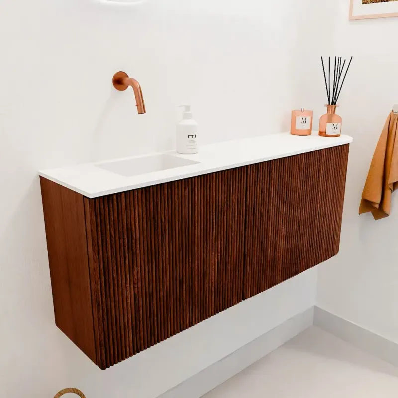 Aanbieding Mondiaz Joya 100cm toiletmeubel ronding rechts ruby met wastafel faye links zonder kraangat talc