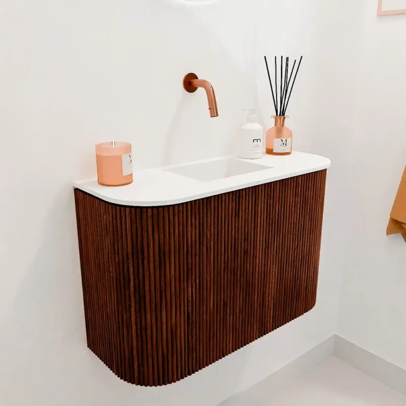 Direct Beschikbaar Mondiaz Joya 65cm toiletmeubel ronding links/rechts ruby met wastafel faye midden zonder kraangat talc