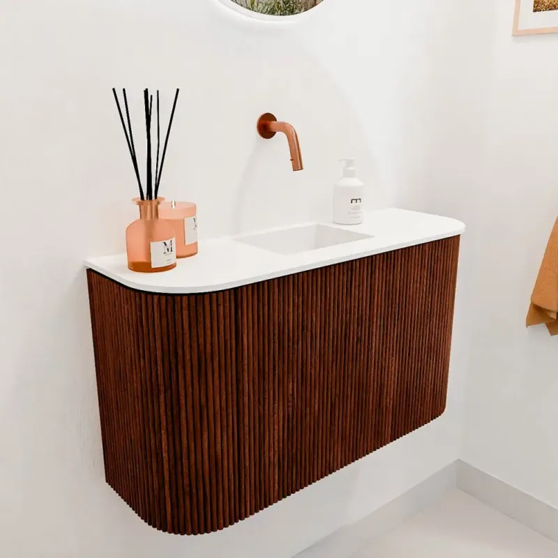 Gereduceerde Prijs Mondiaz Joya 75cm toiletmeubel ronding links/rechts ruby met wastafel faye midden zonder kraangat talc