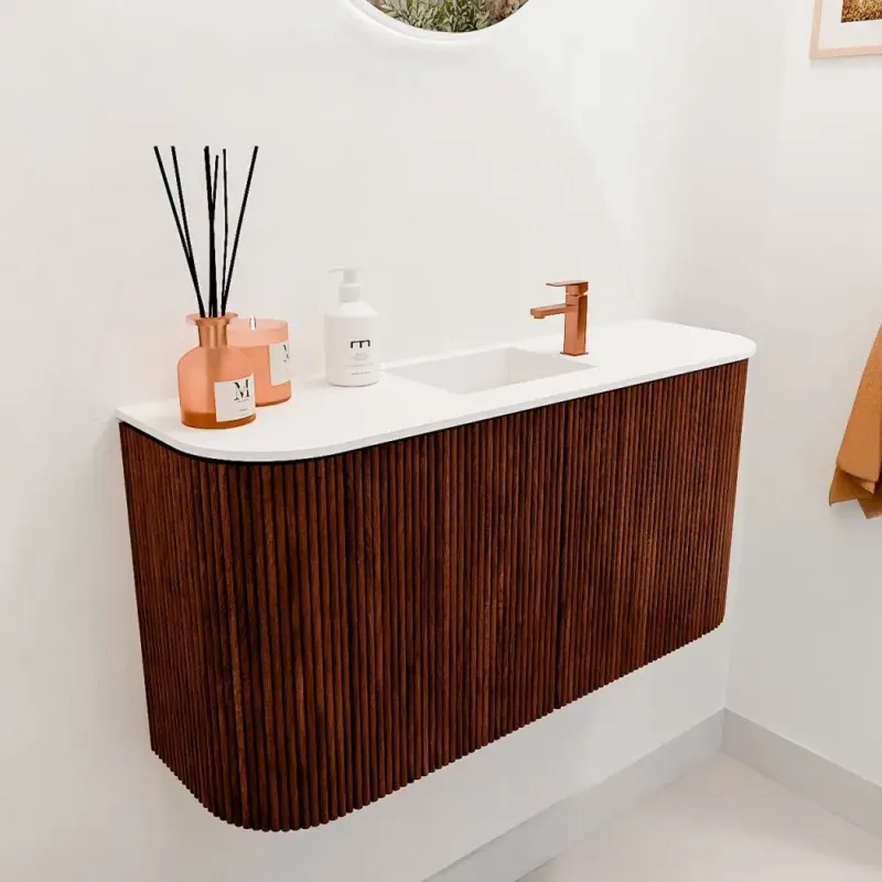 Mondiaz Joya 85cm toiletmeubel ronding links/rechts ruby met wastafel faye midden 1 kraangat talc Actieprijs