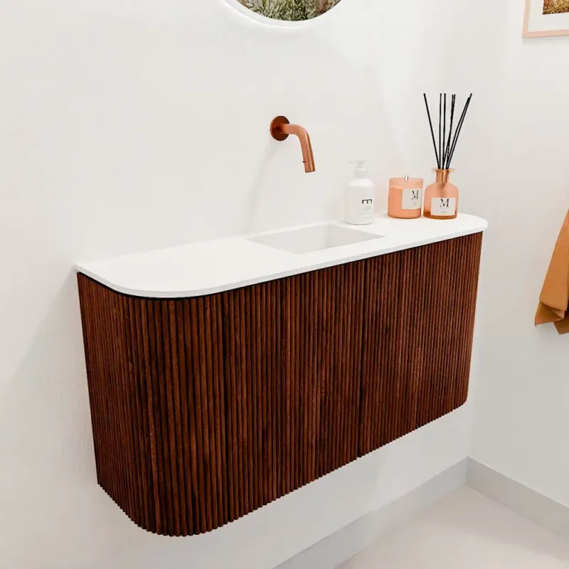 Mondiaz Joya 85cm toiletmeubel ronding links/rechts ruby met wastafel faye midden zonder kraangat talc Direct Verzonden