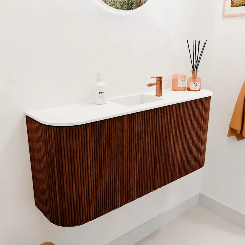 Bestel Nu Mondiaz Joya 95cm toiletmeubel ronding links/rechts ruby met wastafel faye midden 1 kraangat talc