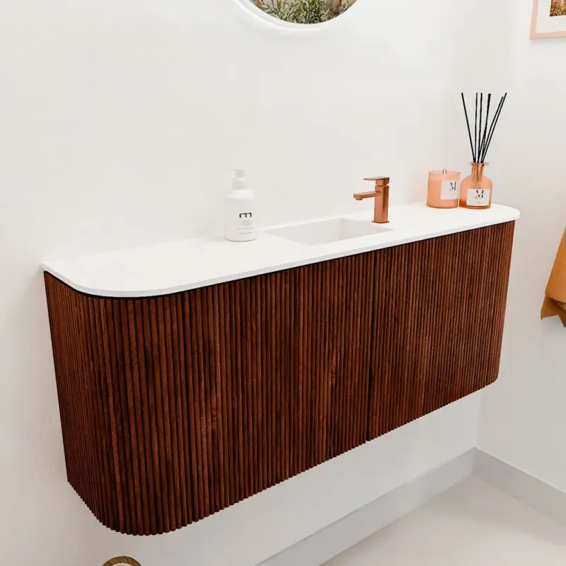 Mondiaz Joya 105cm toiletmeubel ronding links/rechts ruby met wastafel faye midden 1 kraangat talc Korting