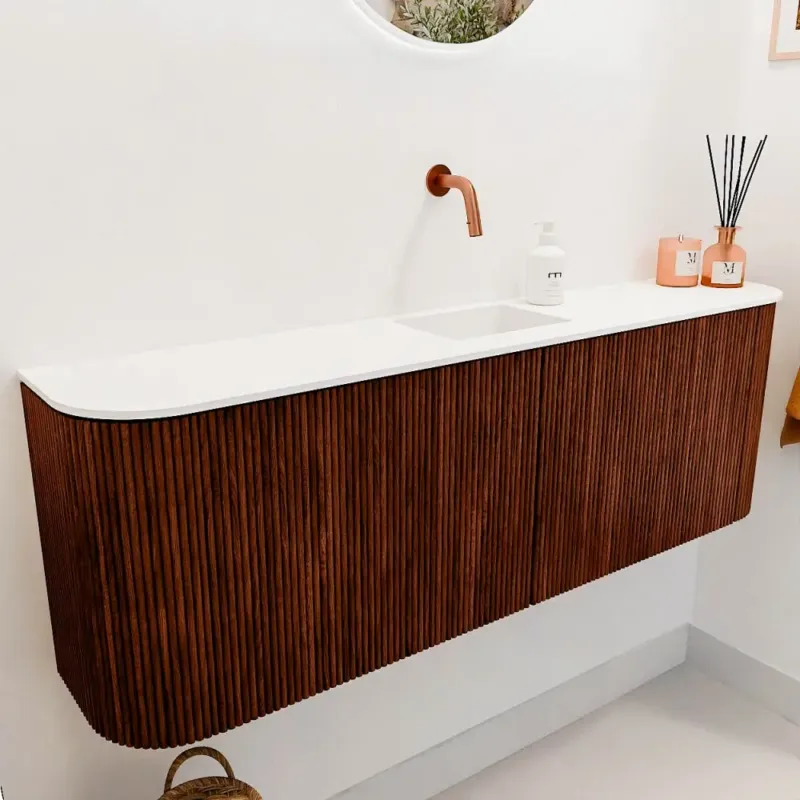 Merkproduct Mondiaz Joya 125cm toiletmeubel ronding links/rechts ruby met wastafel faye midden zonder kraangat talc