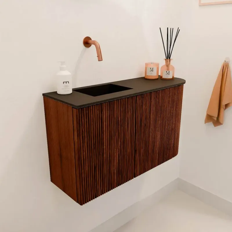 Mondiaz Joya 70cm toiletmeubel ronding rechts ruby met wastafel faye links zonder kraangat urban Beperkte Voorraad