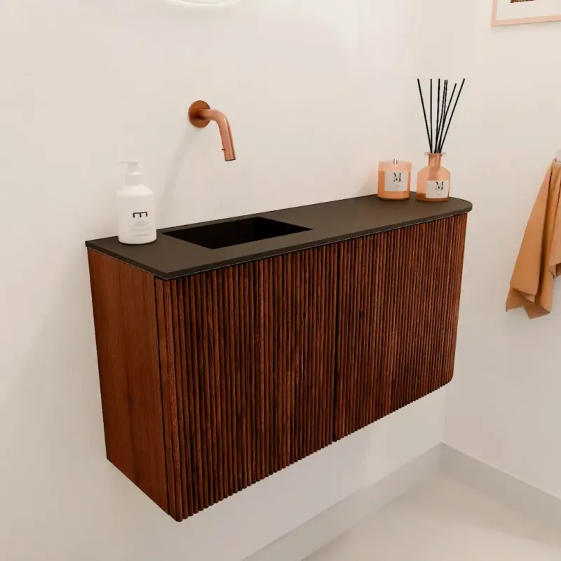 Koopje Mondiaz Joya 80cm toiletmeubel ronding rechts ruby met wastafel faye links zonder kraangat urban