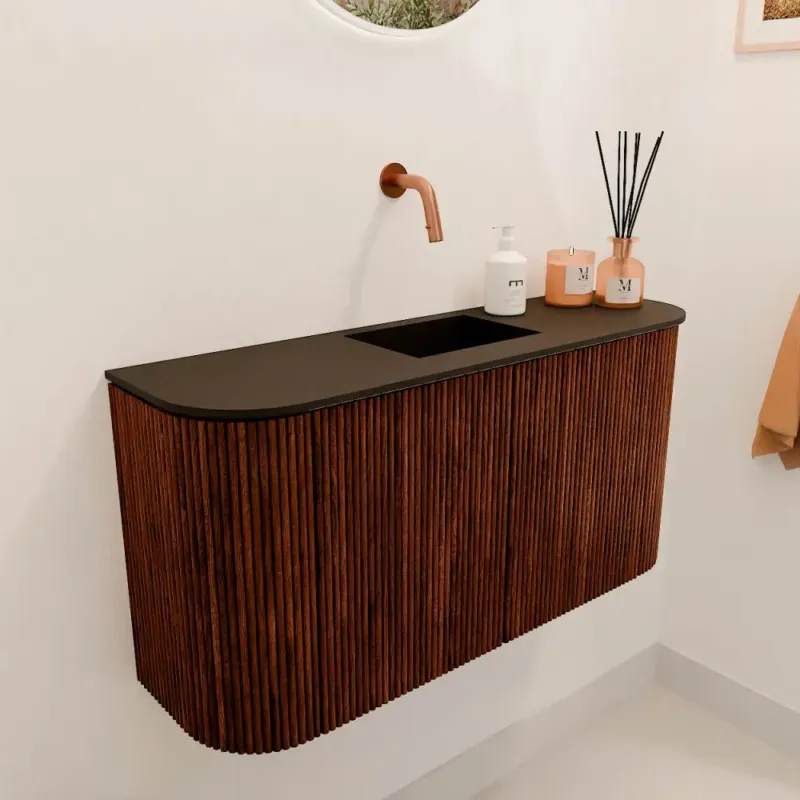 Merkproduct Mondiaz Joya 85cm toiletmeubel ronding links/rechts ruby met wastafel faye midden zonder kraangat urban