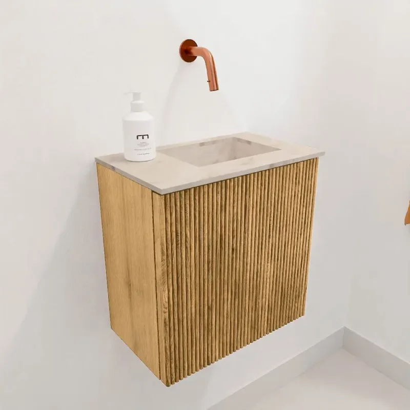 Fabrieksprijs Mondiaz Joya DLux 40cm toiletmeubel oak met wastafel faye rechts zonder kraangat frappe