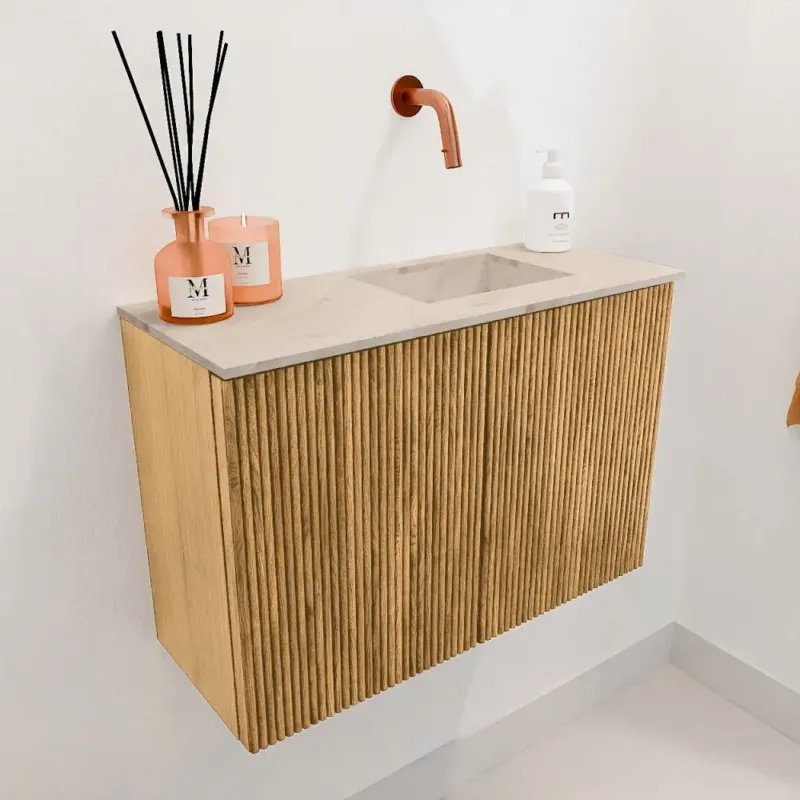 Merkproduct Mondiaz Joya DLux 60cm toiletmeubel oak met wastafel faye rechts zonder kraangat frappe