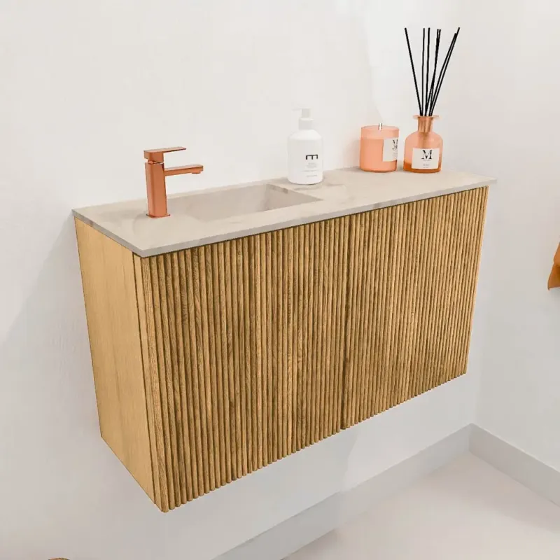 Mondiaz Joya DLux 70cm toiletmeubel oak met wastafel faye links 1 kraangat frappe Snelle Levering