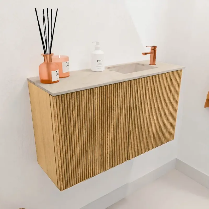 Lage Prijs Mondiaz Joya DLux 70cm toiletmeubel oak met wastafel faye rechts 1 kraangat frappe