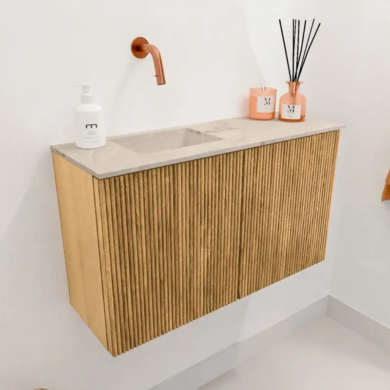Mondiaz Joya DLux 70cm toiletmeubel oak met wastafel faye links zonder kraangat frappe Dagaanbieding