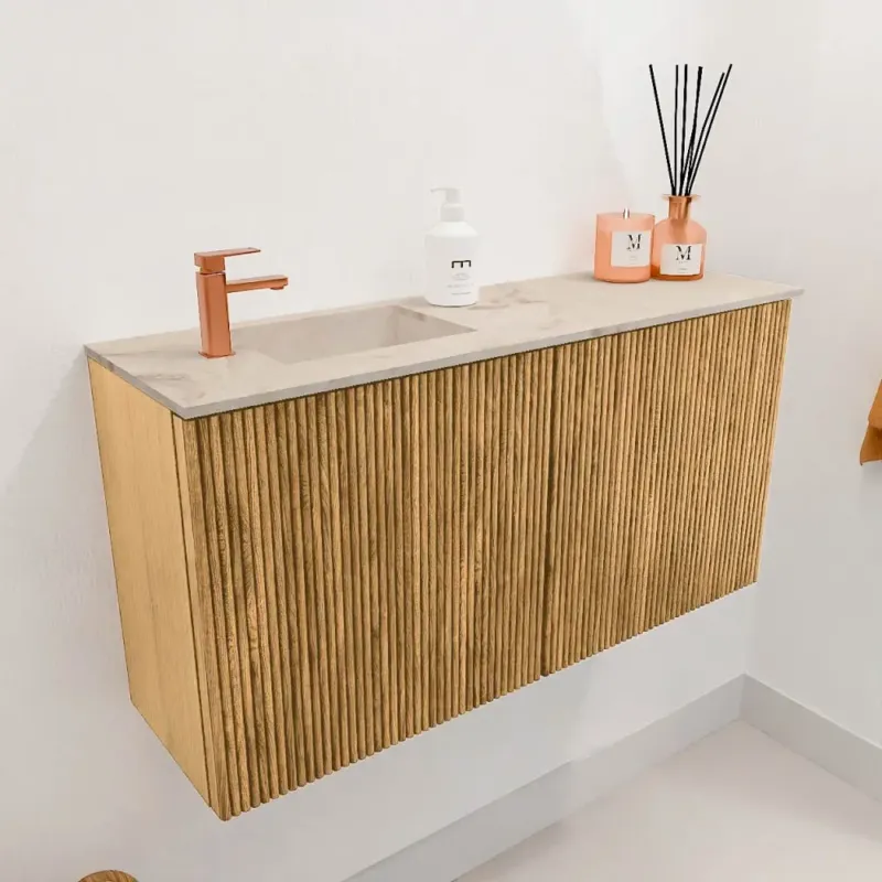 Mondiaz Joya DLux 80cm toiletmeubel oak met wastafel faye links 1 kraangat frappe Merkproduct