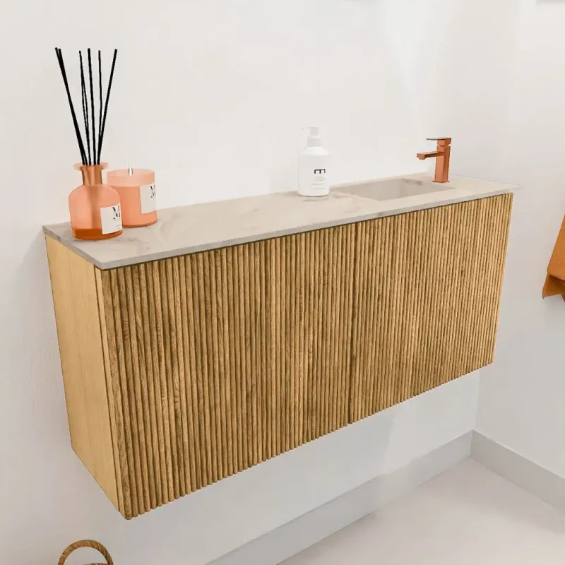 Flitsaanbieding Mondiaz Joya DLux 90cm toiletmeubel oak met wastafel faye rechts 1 kraangat frappe