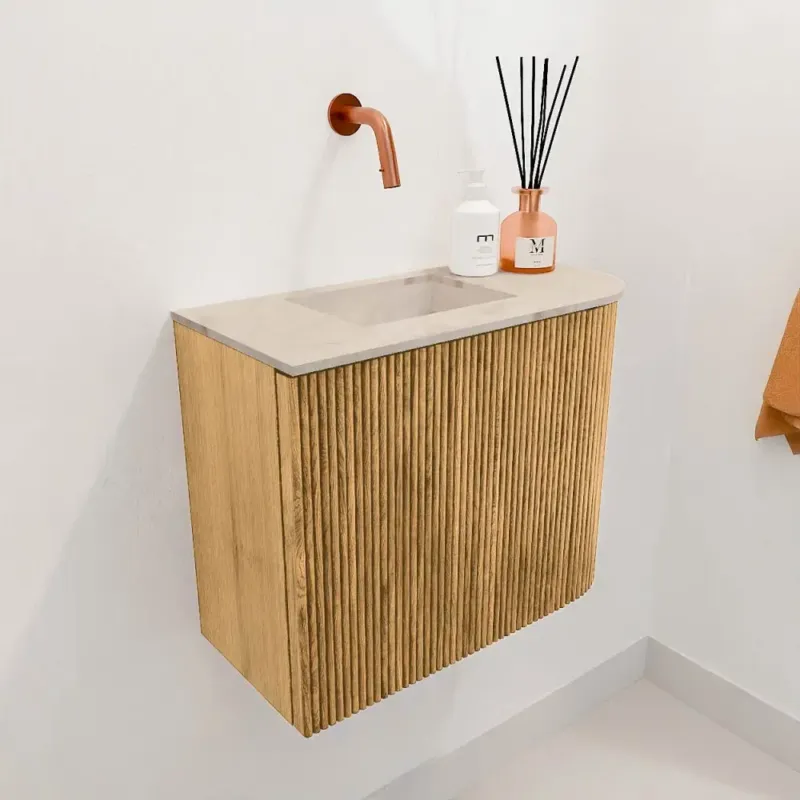 Premium Mondiaz Joya DLux 50cm toiletmeubel ronding rechts oak met wastafel faye links zonder kraangat frappe