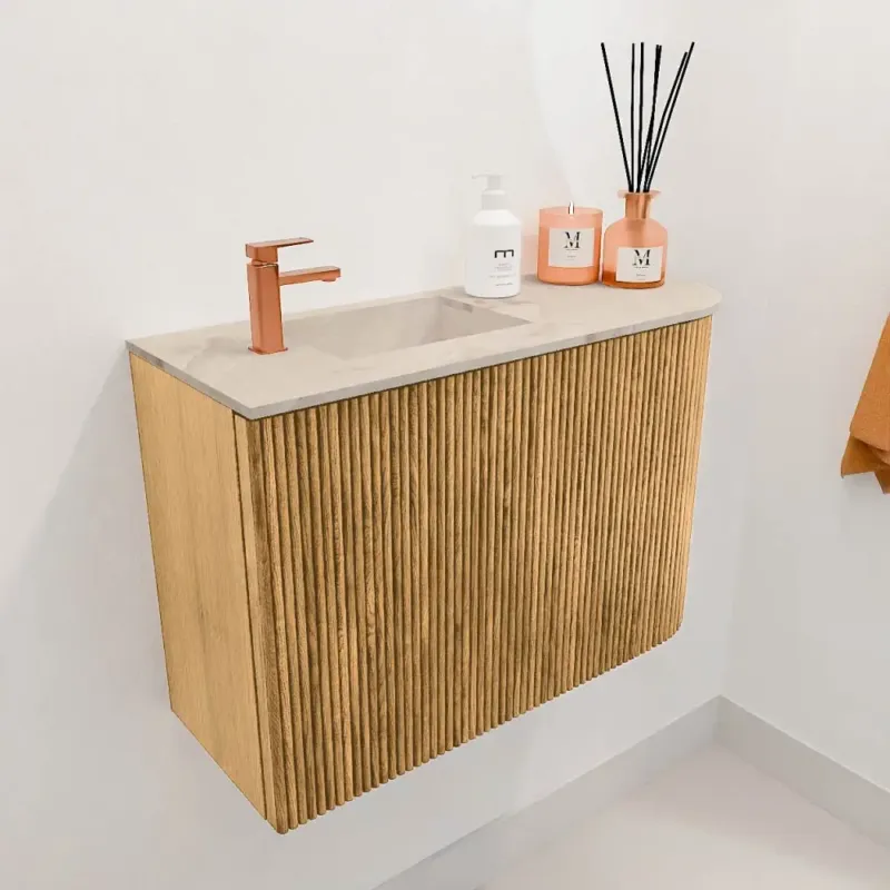 Mondiaz Joya DLux 60cm toiletmeubel ronding rechts oak met wastafel faye links 1 kraangat frappe Tijdelijk Beschikbaar