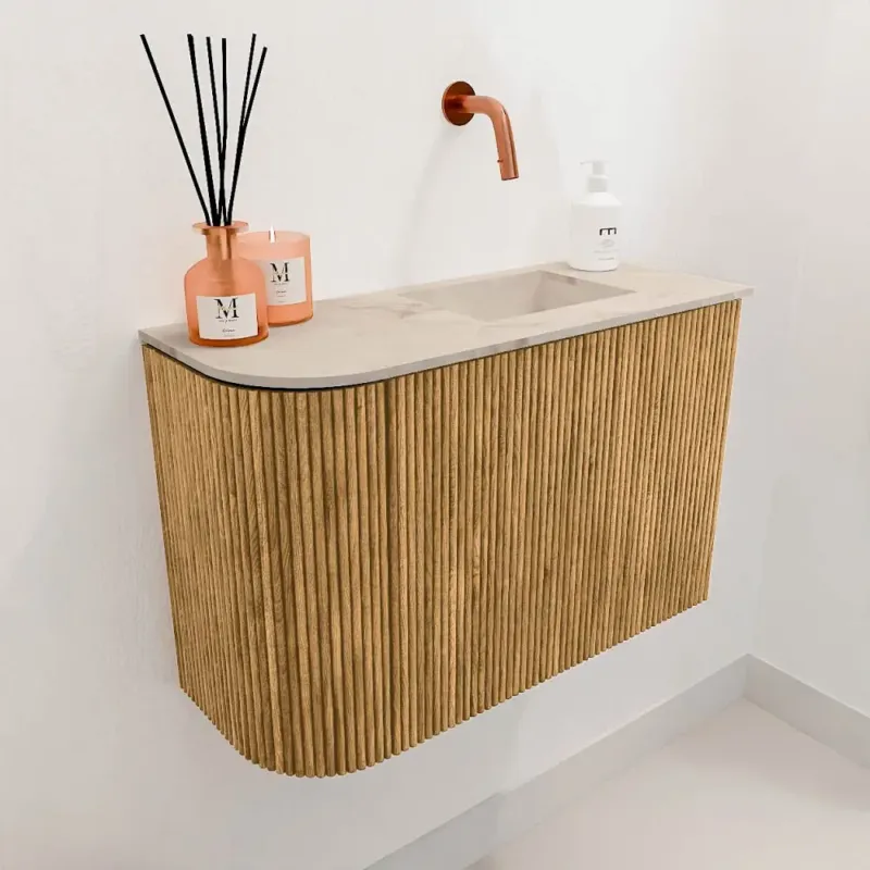 Mondiaz Joya DLux 60cm toiletmeubel ronding links oak met wastafel faye rechts zonder kraangat frappe Merkproduct