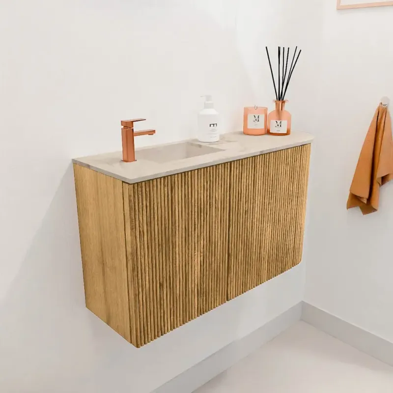 Mondiaz Joya DLux 70cm toiletmeubel ronding rechts oak met wastafel faye links 1 kraangat frappe Flitsaanbieding