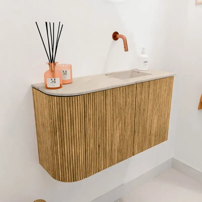 Mondiaz Joya DLux 70cm toiletmeubel ronding links oak met wastafel faye rechts zonder kraangat frappe Finale Uitverkoop
