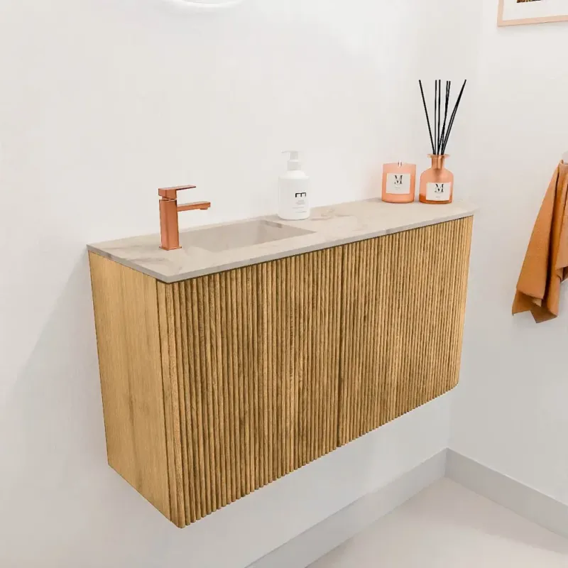 Hete Deal Mondiaz Joya DLux 80cm toiletmeubel ronding rechts oak met wastafel faye links 1 kraangat frappe