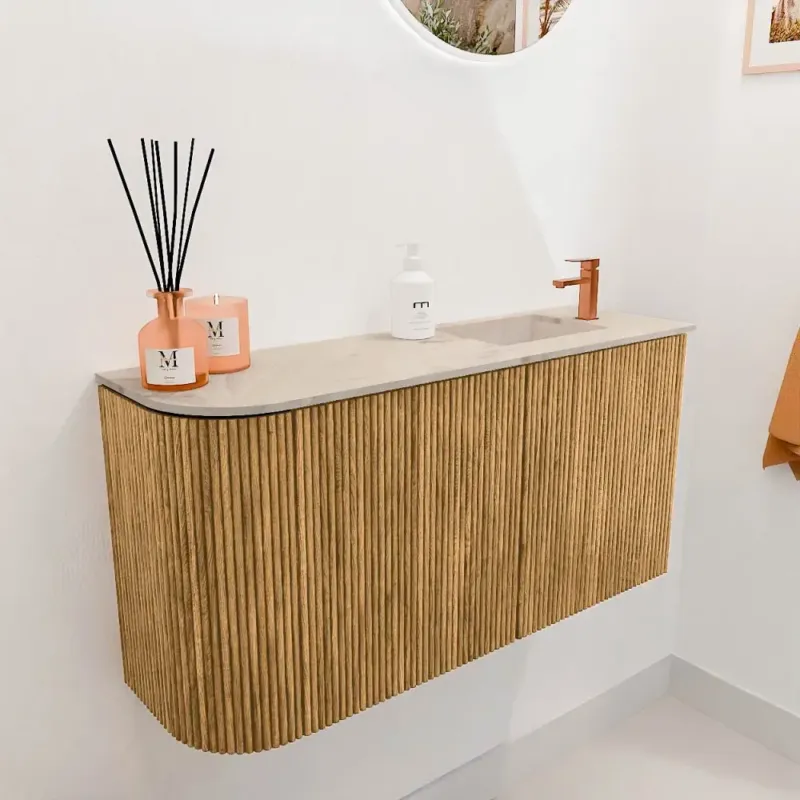Mondiaz Joya DLux 80cm toiletmeubel ronding links oak met wastafel faye rechts 1 kraangat frappe Speciale Aanbieding