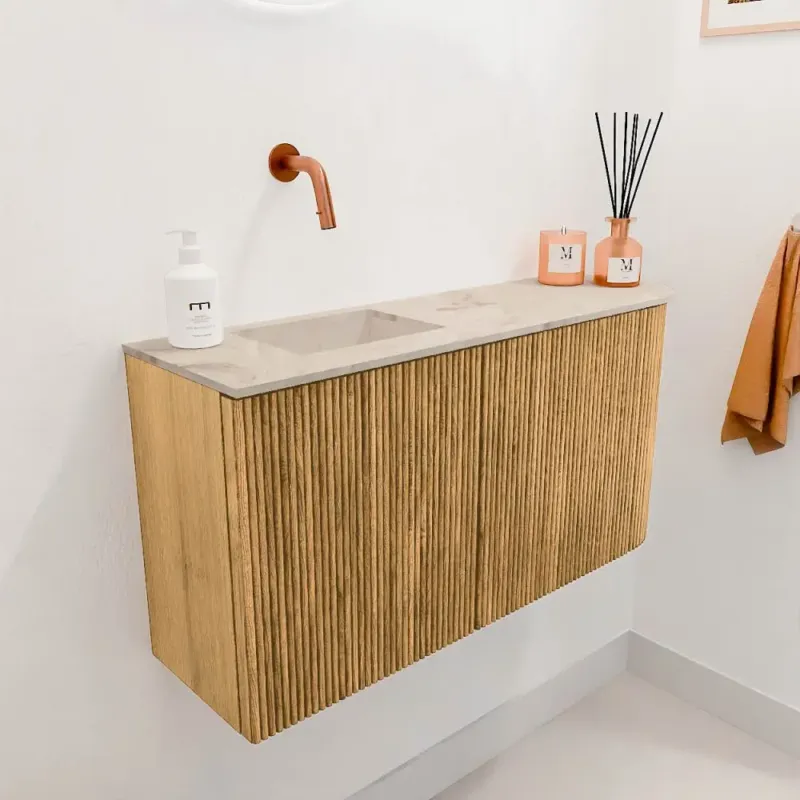 Mondiaz Joya DLux 80cm toiletmeubel ronding rechts oak met wastafel faye links zonder kraangat frappe Hete Deal