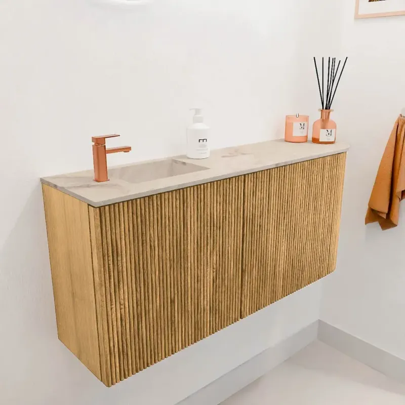 Mondiaz Joya DLux 90cm toiletmeubel ronding rechts oak met wastafel faye links 1 kraangat frappe Flitsaanbieding