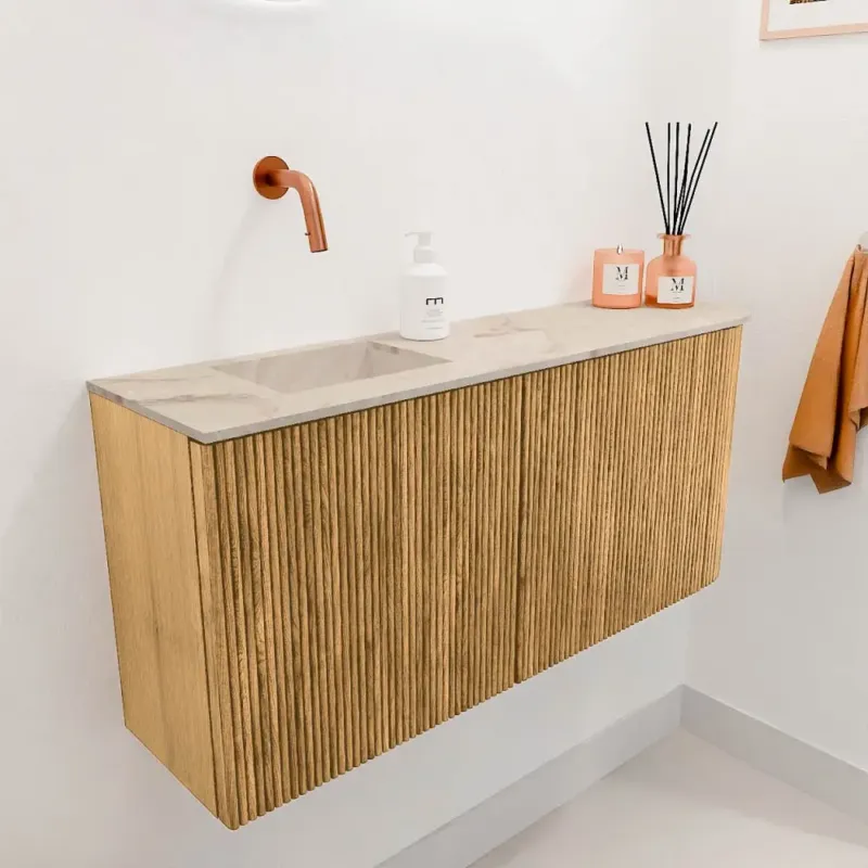 Mondiaz Joya DLux 90cm toiletmeubel ronding rechts oak met wastafel faye links zonder kraangat frappe Seizoensaanbieding